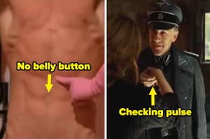 Rocky with no belly button on left and Colonel Landa checking a pulse on the right.