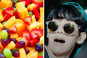 An image of different types of fruit next to an image of a shocked Baekhyun from EXO-CBX