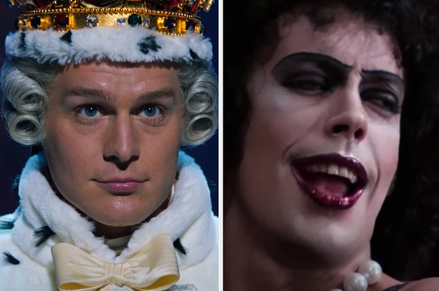 Side-by-side images of Jonathan Groff as Mad King George and Tim Curry as Frank-N-Furter