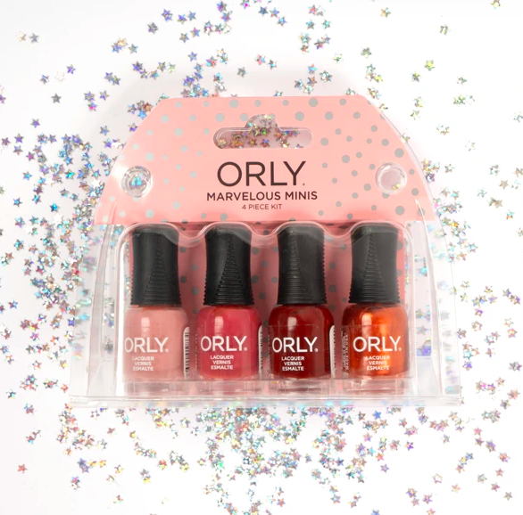 ORLY classic beauty nail set with light pink, hot pink, dark red, and gold polish