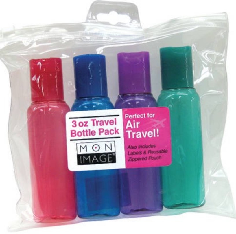 Pink, blue, purple and green travel size bottles in clear plastic bag