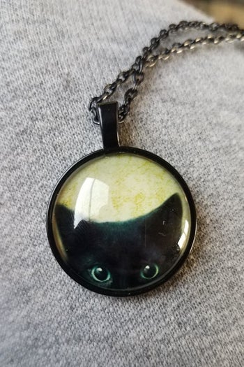 The necklace with a round pendant showing a cat's ears and eyes peeking up from the bottom