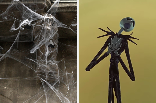 On the left, cobwebs on the exterior of a house, and on the right, Jack Skellington from