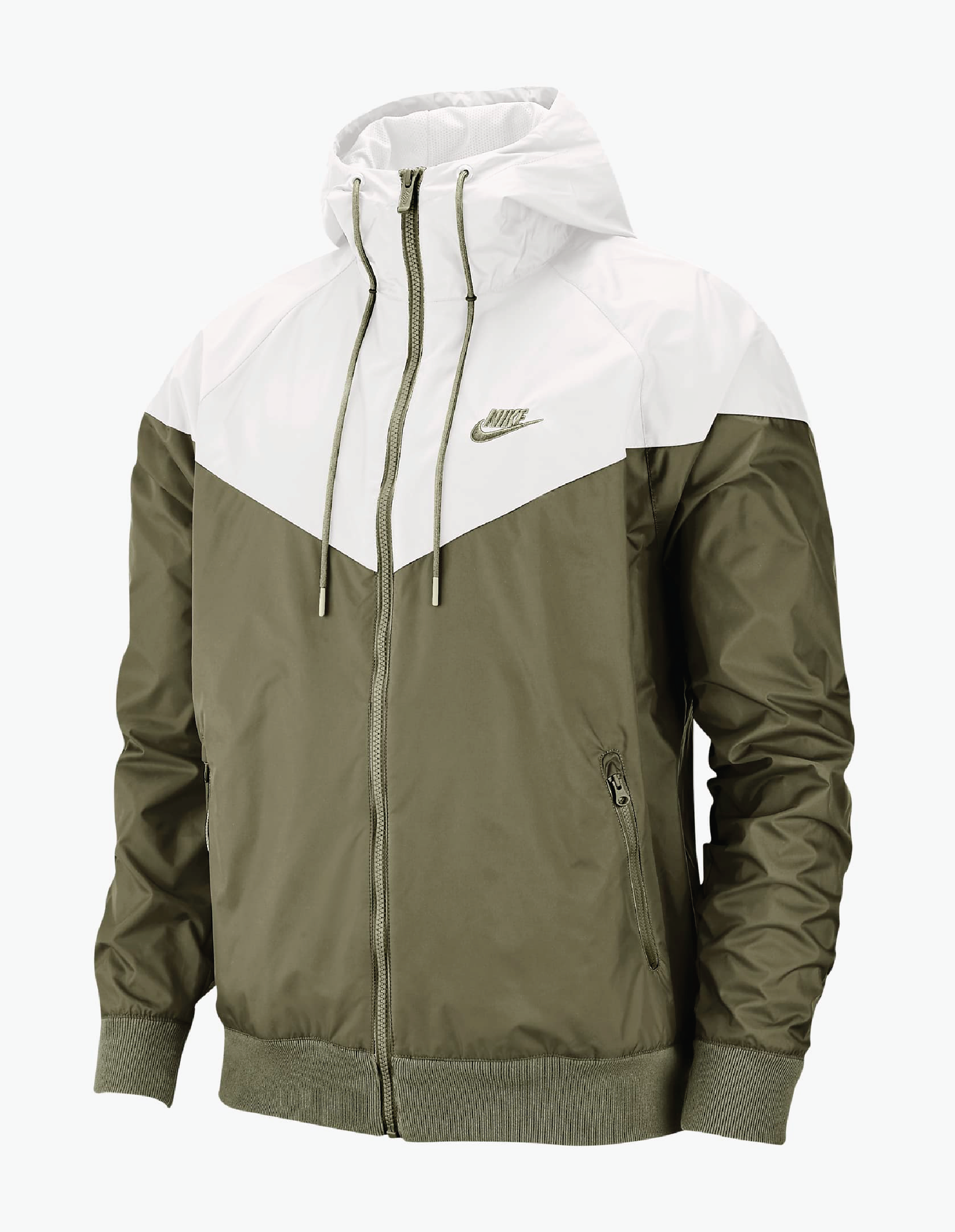 The green and white version of the windbreaker has a drawstring hood