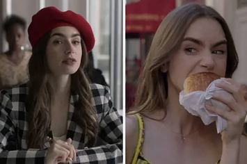 Emily wearing a beret and eating a French baked good on the show