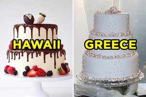 On the left, a wedding cake with chocolate dripping down it, berries surrounding it, and two strawberries made to look like a bride and groom on top labeled "Greece," and on the right, a wedding cake with edible pearls on it labeled "Greece"