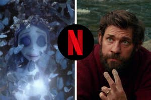 The corpse bride on the left and John Krasinski in a quiet place on the right with the netflix logo in between them