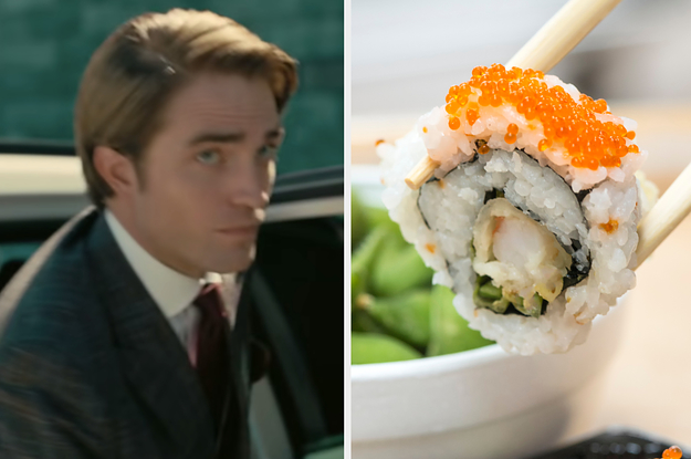 Robert Pattinson in Tenet on the left and a california roll on the right