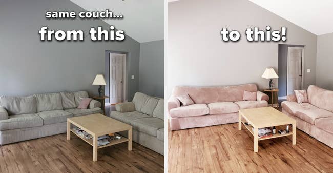 Reviewer before/after of their couch with the pink velvet slip added. The after pic shows couches that look brand new and completely different