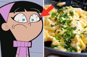 Trixie from fairly oddparents with her eyes wide open on the left, and a plate of scrambled eggs covered in parsley on the right