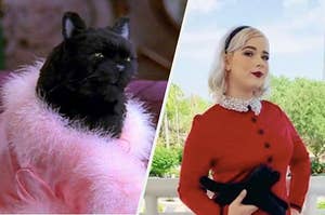 A girl dressed up as sabrina the witch next to salem the black at