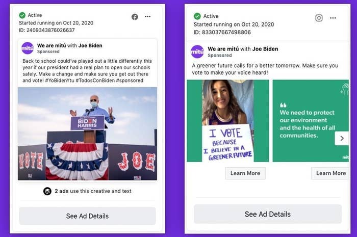 Facebook ads from Mitú that lack disclosure that they are election ads