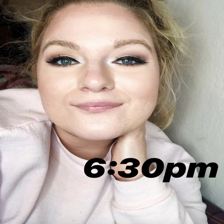 same reviewer wearing the same makeup labeled "6:30pm" 