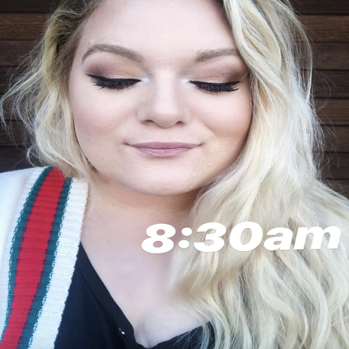 reviewer wearing eye makeup labeled "8:30am"