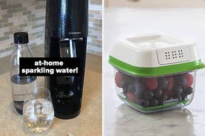 on left a reviewer photo of black sparkling soda machine and on right RubberMaid container