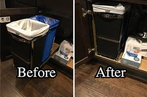 A garbage bin being stored inside a cabinet