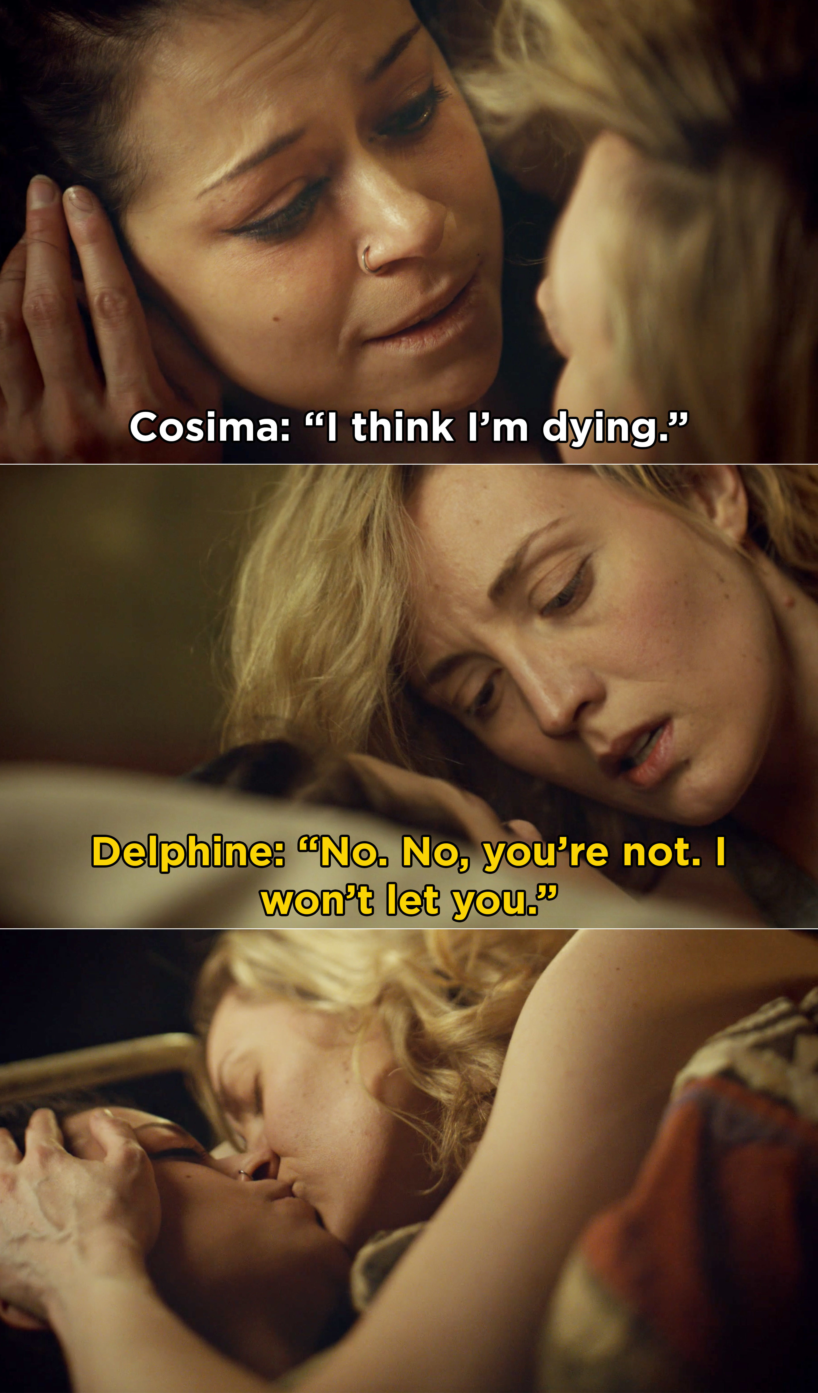 Delphine kissing Cosima and saying that she won&#x27;t let her die