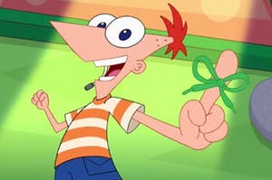 Phineas singing the song "aglet" with a shoelace tied on his finger