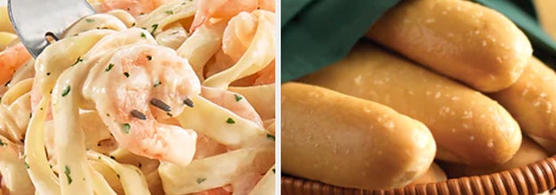 Shrimp Alfredo and a basket of breadsticks from Olive Garden