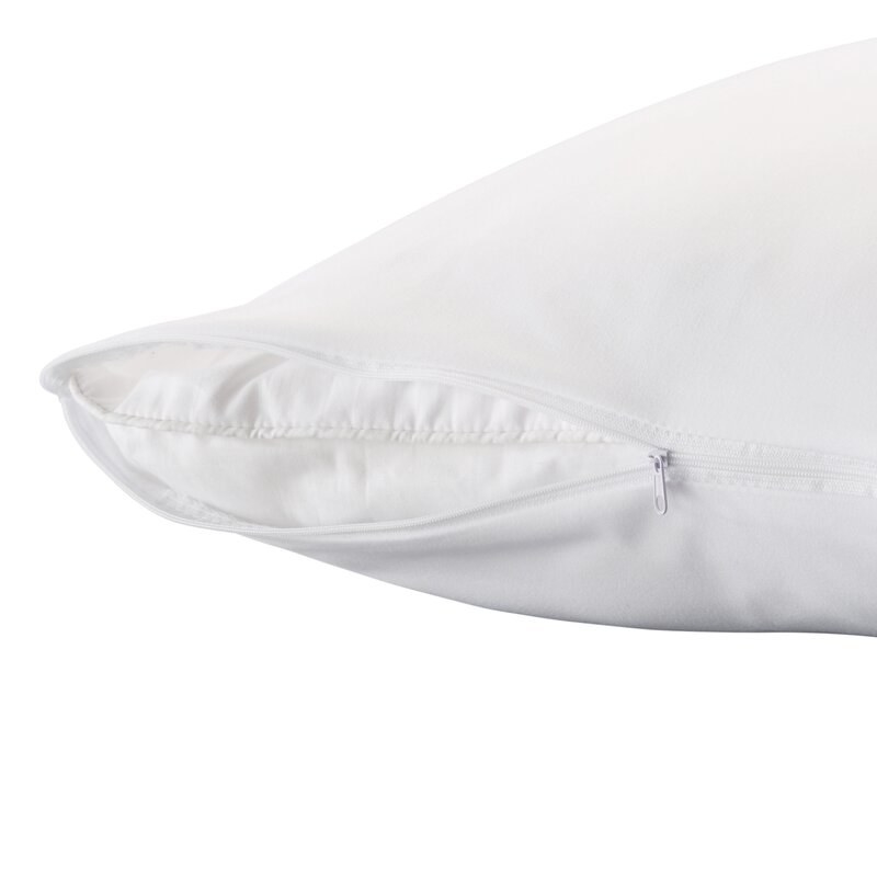 The pillow protector case, which is white, and which zips around the pillow on one side