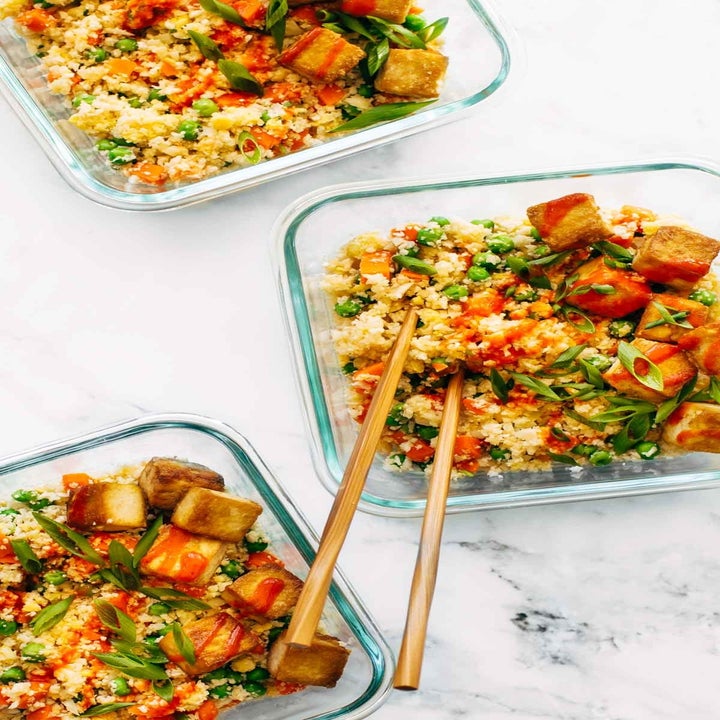 Crispy tofu and vegetable fried rice bowls.