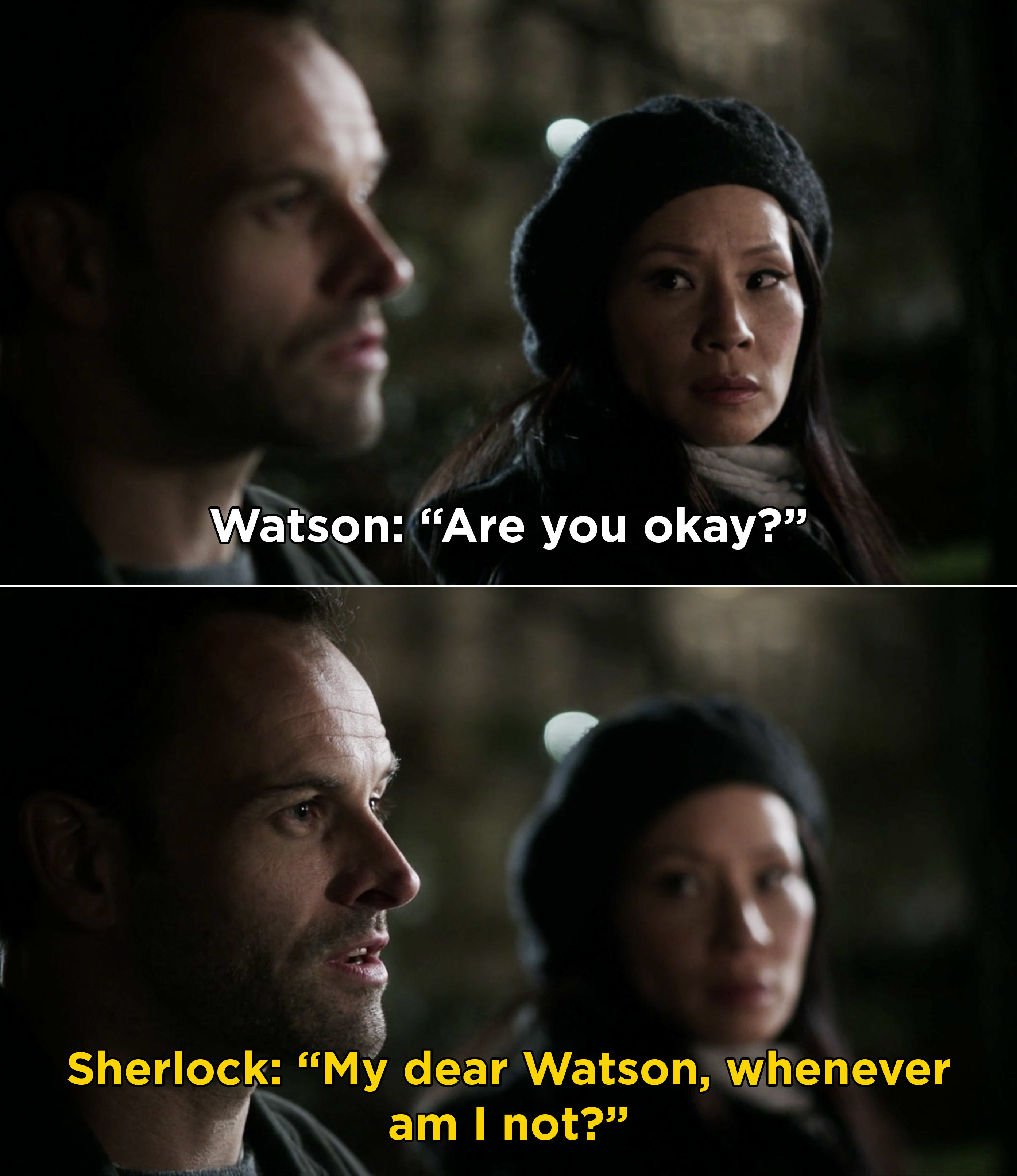 Watson asking Sherlock if he's okay, and Sherlock responding, "My dear Watson, whenever am I not?"