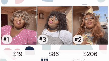 Joyce wearing all three wigs showing their pricing and ranking.