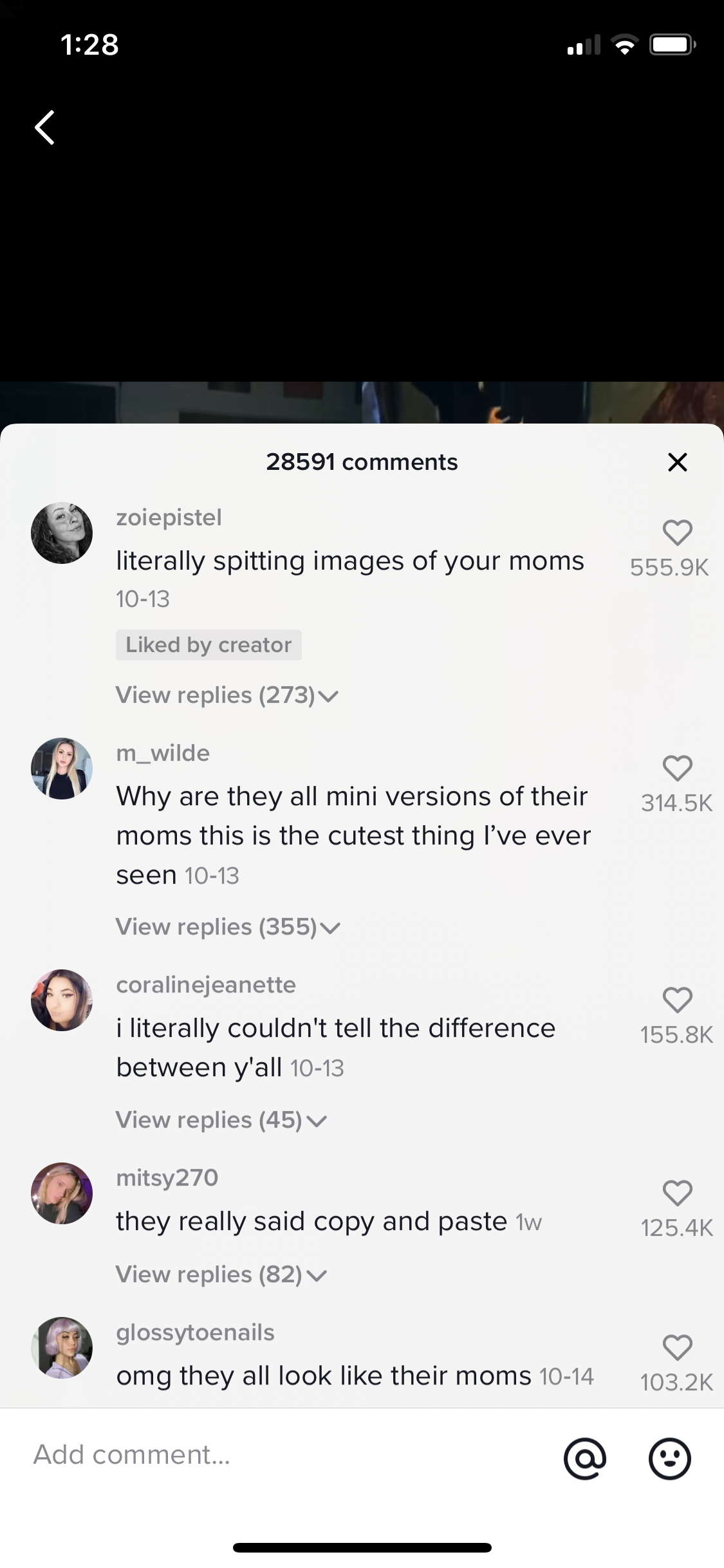 A long list of comments TikTok talking about how each girl looks just like her mom and how it&#x27;s super cute.