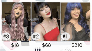 Megan wearing all three wigs showing their pricing and ranking.