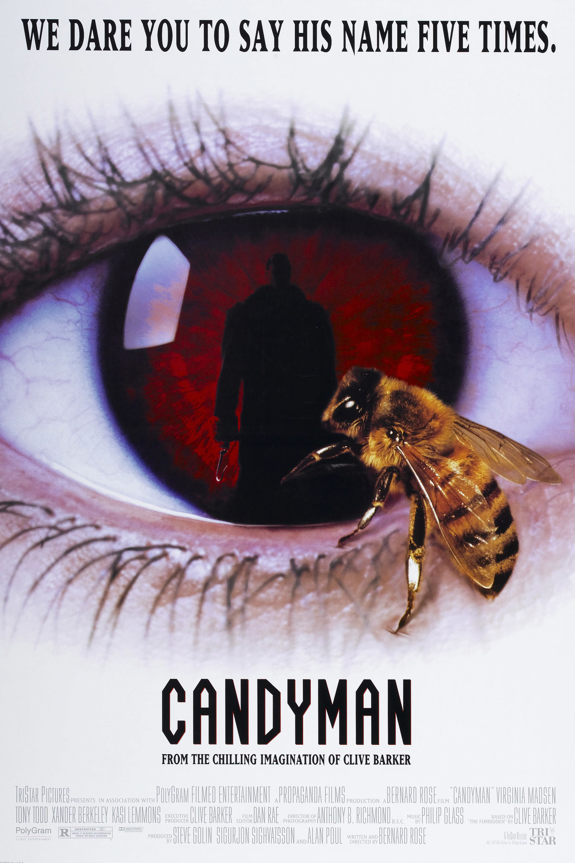 The &quot;Candyman&quot; official poster which features a very large bee near a very large eye, which Candyman&#x27;s silhouette visible in the reflection