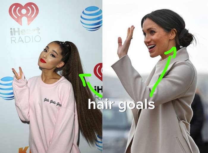Ariana Grande&#x27;s sporting her iconic long ponytail and Meghan Markle with her hair in a neat bun with a middle part