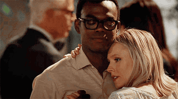 Chidi and Eleanor sharing an intimate slow dance. 