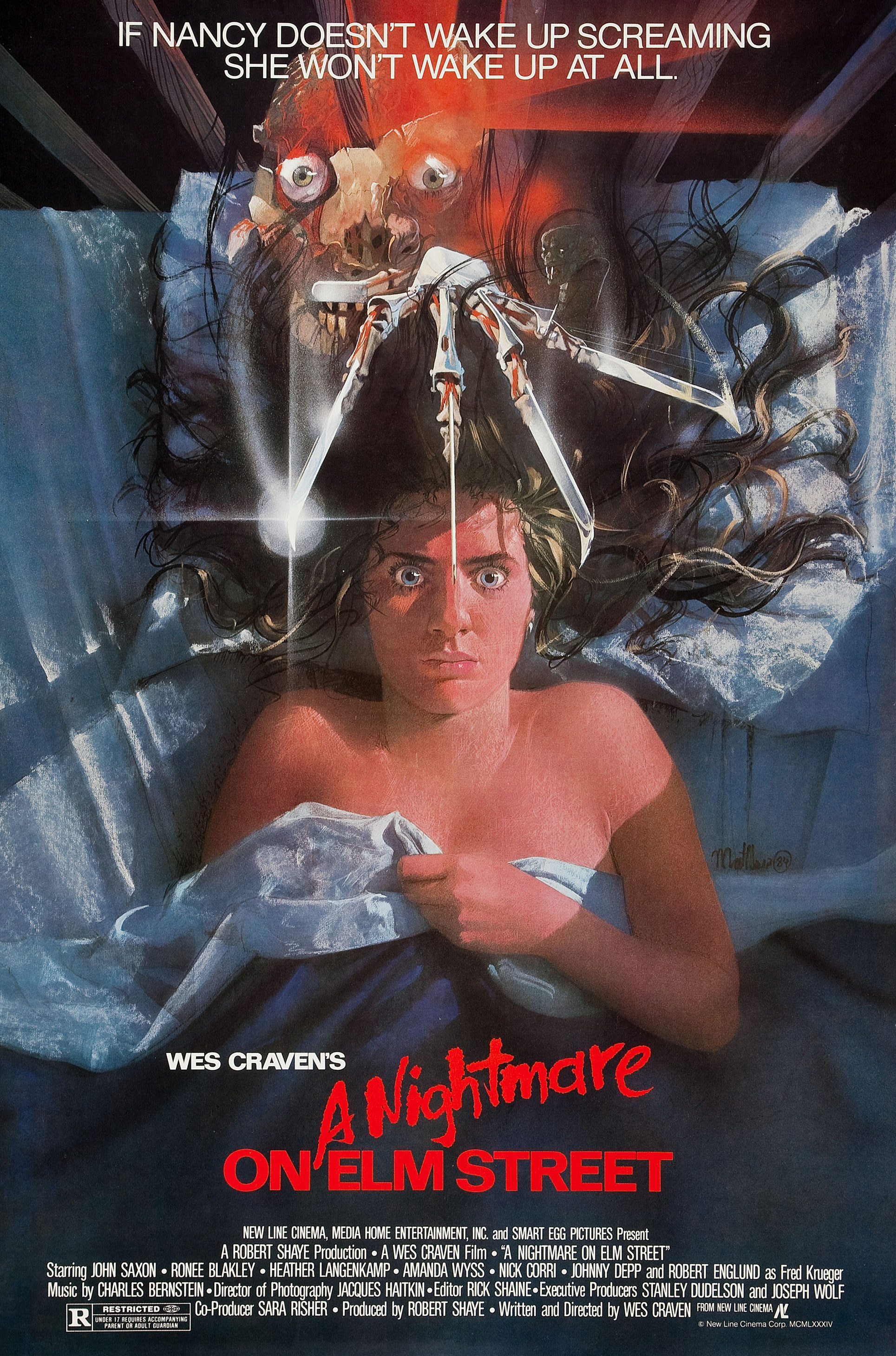 The official &quot;A Nightmare on Elm Street&quot; poster which features Nancy asleep in her bed with Freddy Krueger hovering over her, claws spread