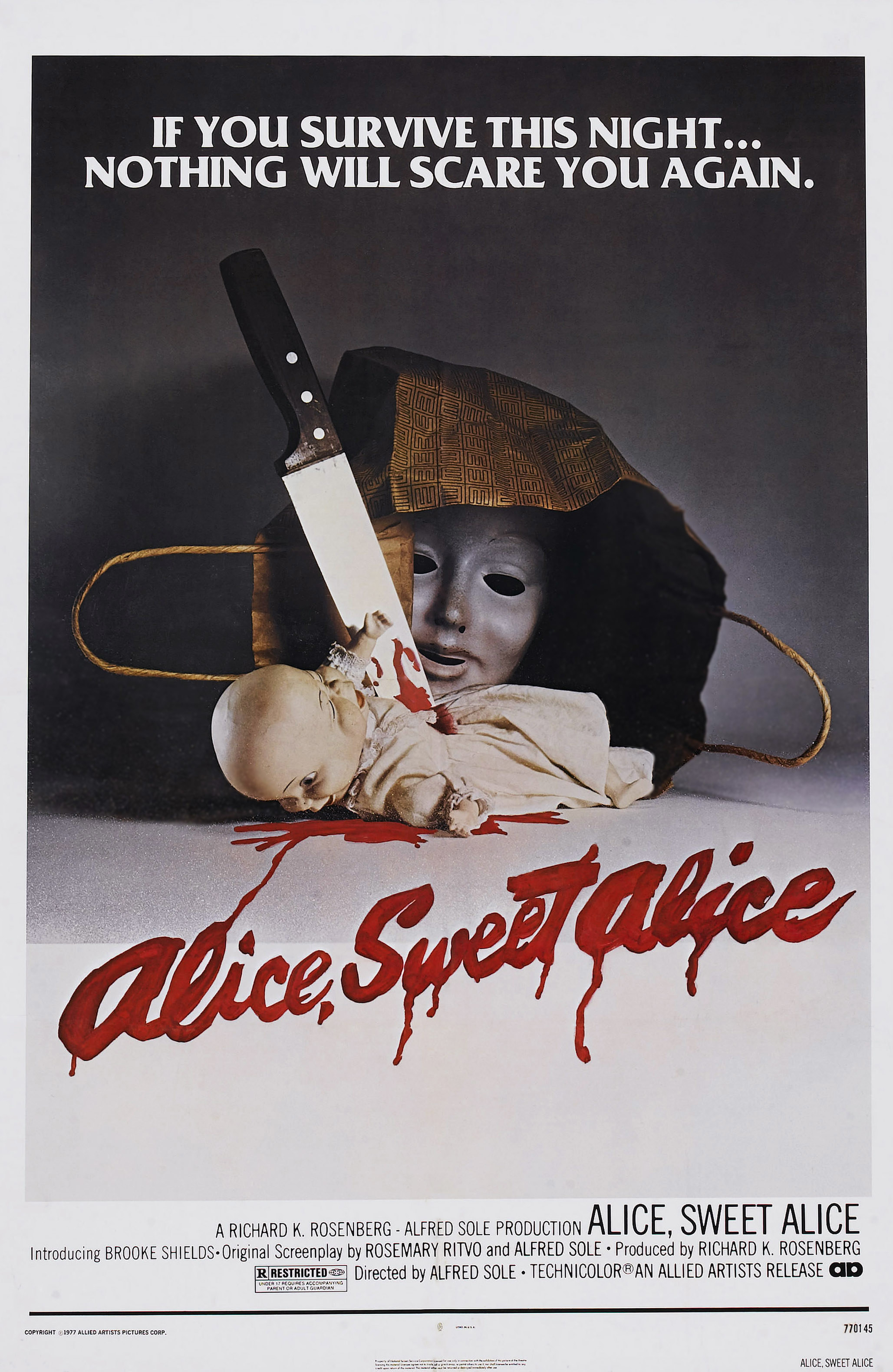 The official poster for &quot;Alice Sweet Alice&quot; which features a large paper shopping bag overturned with a mask, a creepy baby doll, and a huge bloody knife spilling out of it