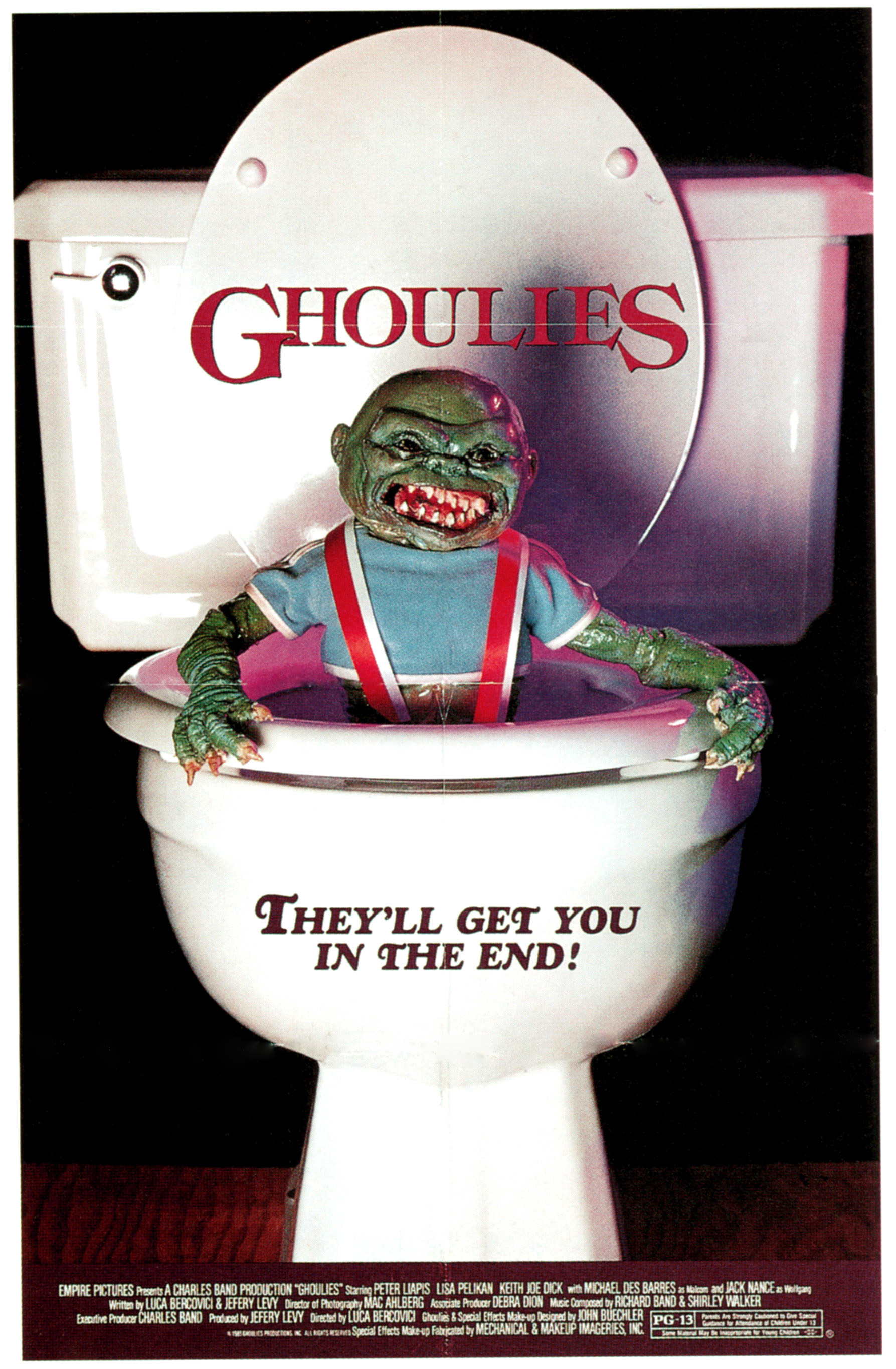 The official poster for &quot;Ghoulies&quot; which features a terrifying green creature coming out of a toilet