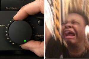 a person turning the volume up on a dial, and the meme of a kid singing enthusiastically to a song