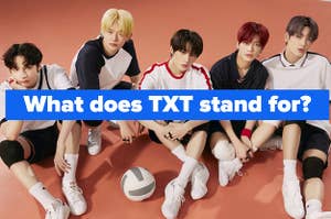 An image of Tomorrow X Together with the question what does TXT stand for written on it