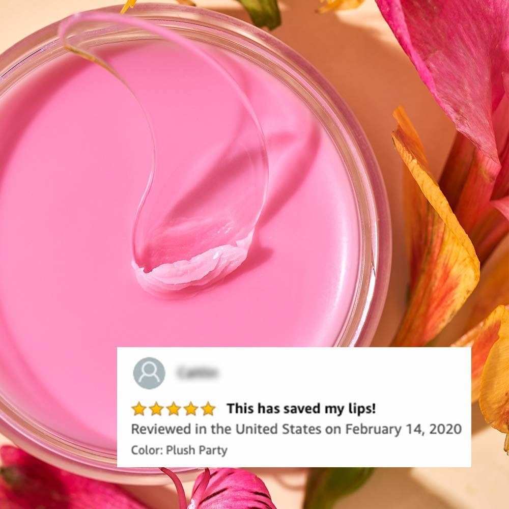 the pink lip balm with reviewer text that says &quot;this has saved my lips&quot; 
