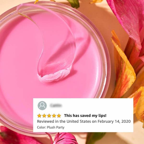 the pink lip balm with reviewer text that says "this has saved my lips" 