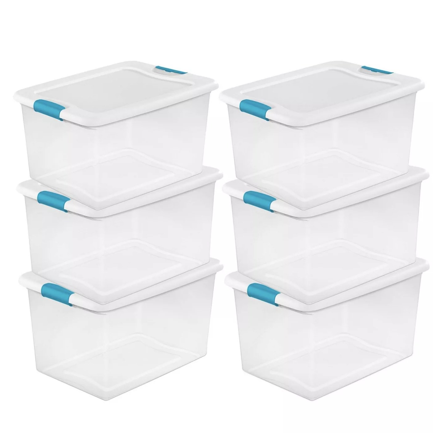 Six clear plastic containers with lids