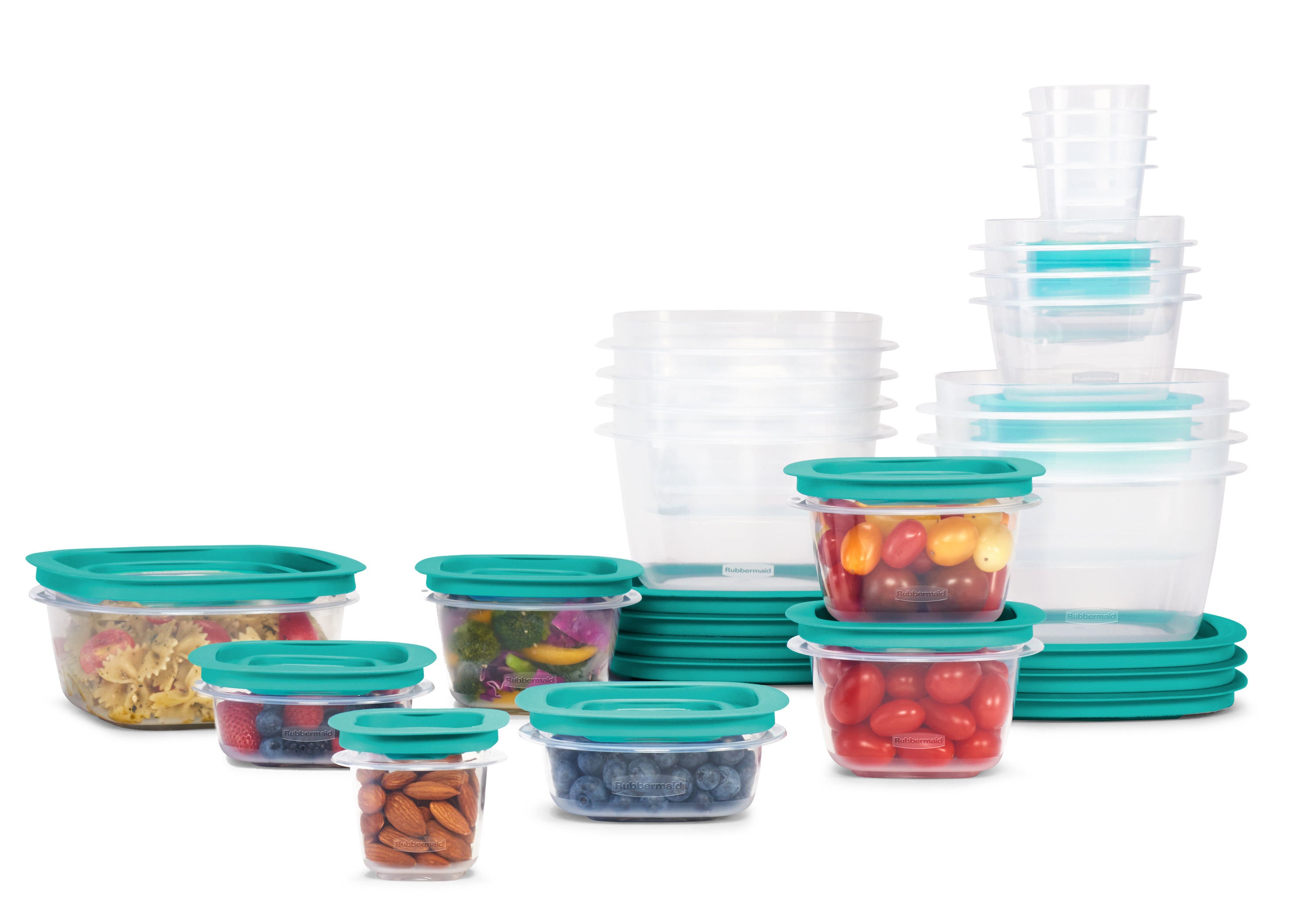 a 42 piece set of rubbermaid food storage containers with teal lids