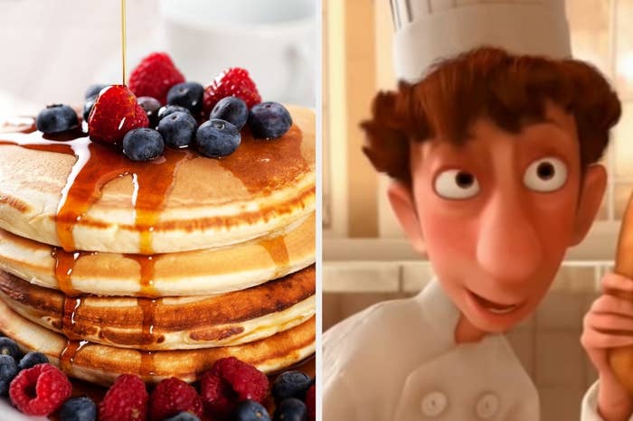 Fruity syrup covered pancakes and Alfredo from &quot;Ratatouille&quot; wearing his cooking outfit 
