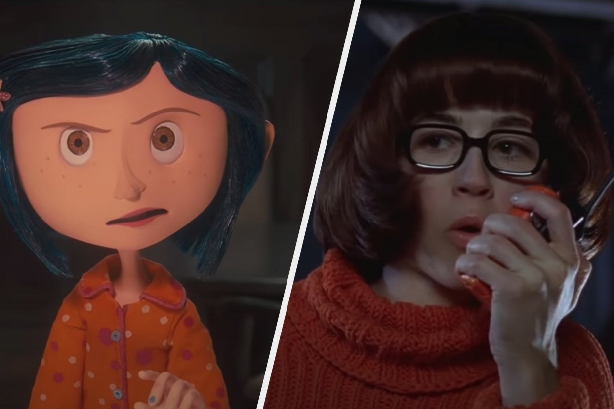 Coraline in pajamas looking upset and Velma in &quot;Scooby-Doo&quot; talking in a walkie-talkie  