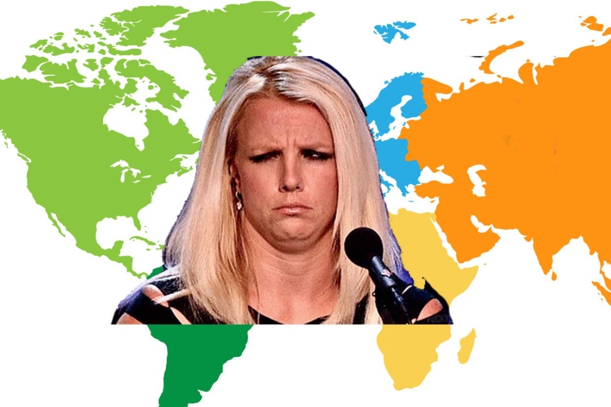 Britney Spears with a confused expression on her face and an illustration of a world map in the background 
