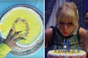Someone grabbing into a cake with their hand on the left and taylor blowing out candles on a birthday cake on the right