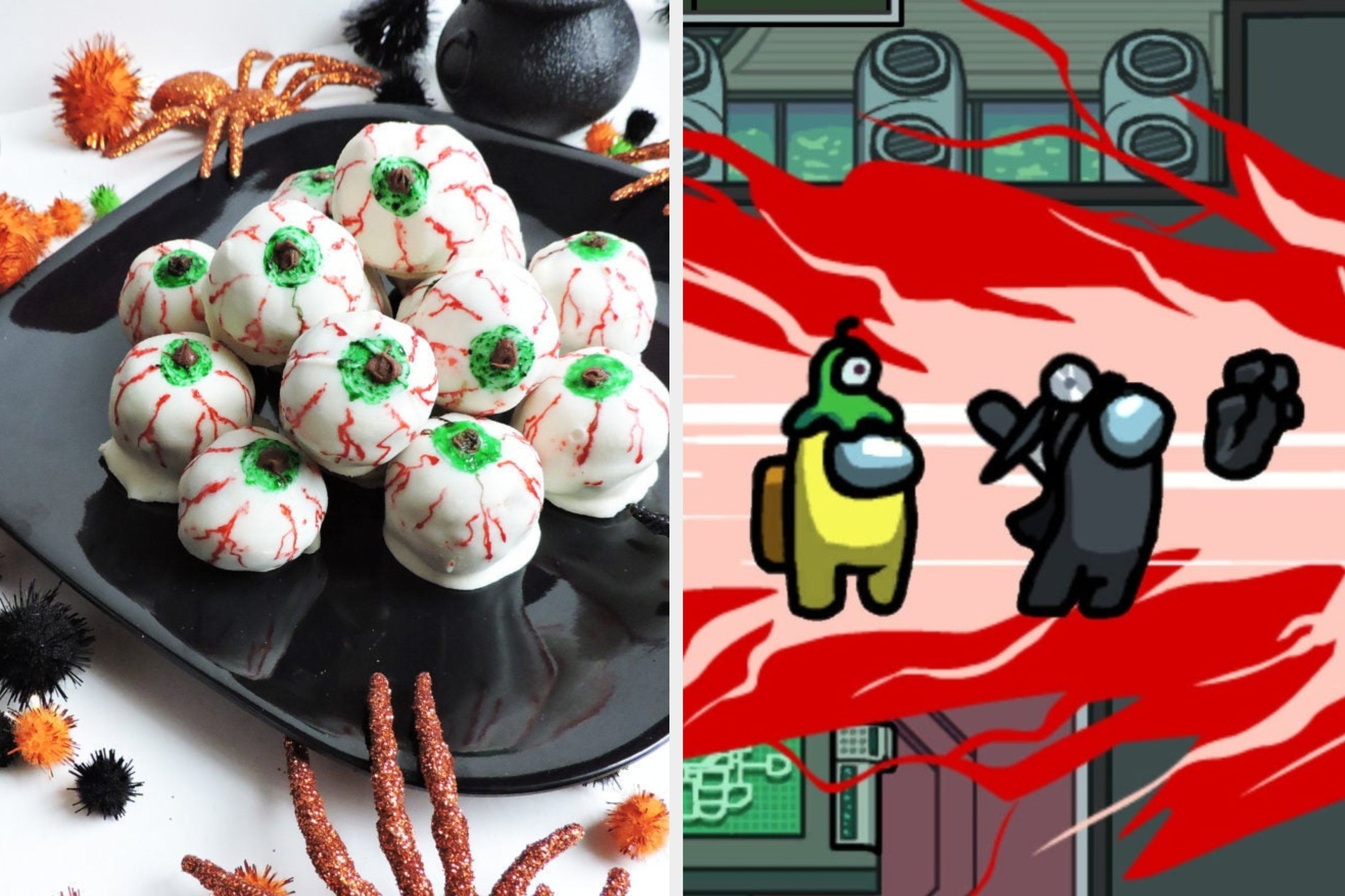 Halloween treats on the left, screenshot from Among Us on the right