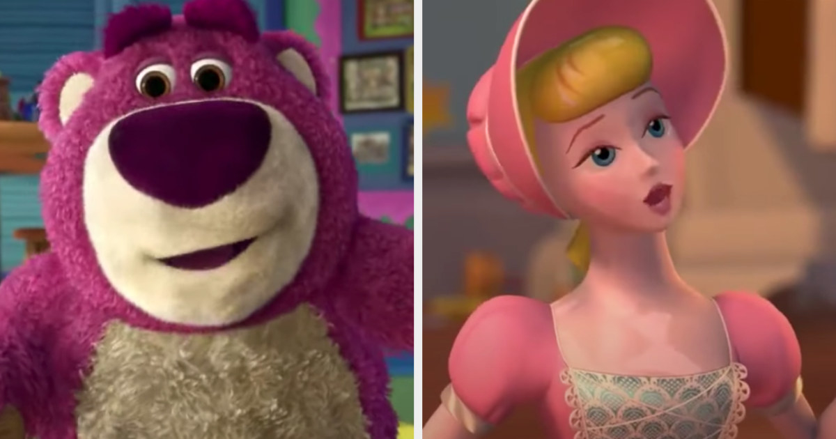 A big fuzzy bear from &quot;Toy Story 3&quot; and a female character wearing a dress and bonnet in &quot;Toy Story 2&quot;