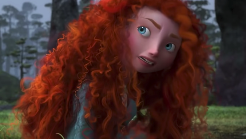 A female Pixar character with long, curly hair