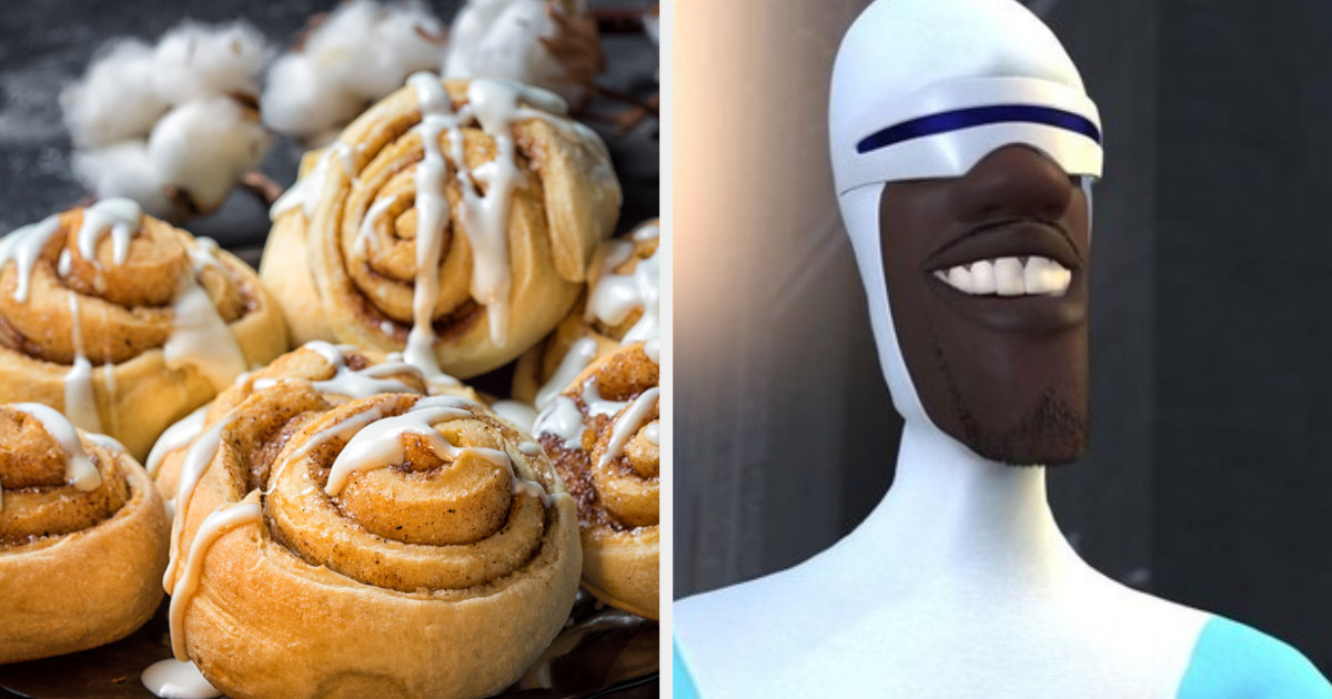 A picture of glazed cinnamon rolls; Frozone from "The Incredibles"