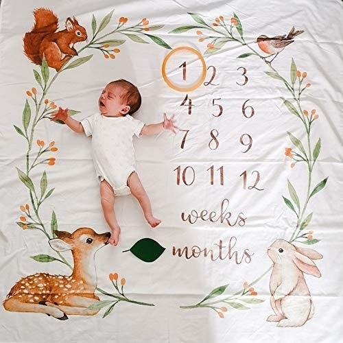 A baby lying on a soft cotton blanket with a three-month age marker next to them